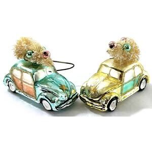 Vintage Volkswagen Beetle Glass Christmas Ornaments Tree on Car Set of 2